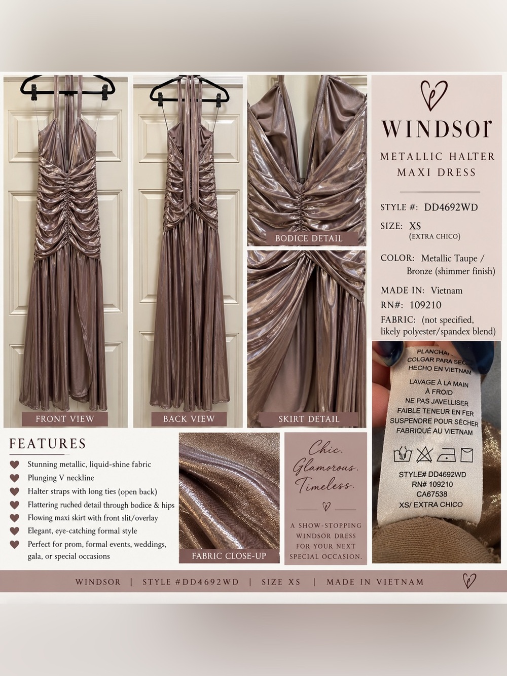 Windsor XS Metallic Bronze Ruched Halter Maxi Dress Open Back Formal Gown